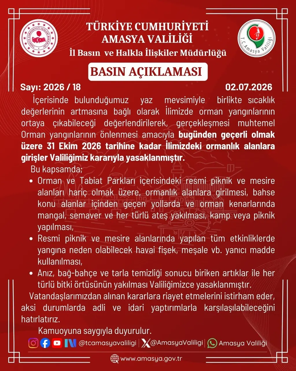 Amasya Valiliğinden Basın Açıklaması